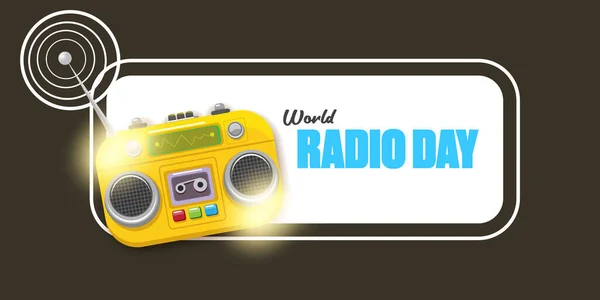 Вектор Світовий радіо день горизонтальний банер зі старим стереопрогравачем касети ізольовано на абстрактному сірому фоні. Мультфільм фанк хіпстер Радіо день банер, ярлик, знак, значок або плакат з радіо — стоковий вектор