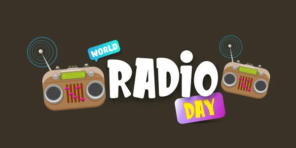 Vodorovný prapor Vector World Radio Day se starým kazetovým stereo přehrávačem izolovaným na abstraktním šedém pozadí. Cartoon funky hipster Radio day banner, label, sign, icon or poster with radio — Stockový vektor