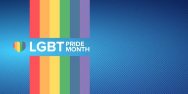Mavi arka planda izole edilmiş gurur rengi şeritli kurdele bayraklı mutlu bir ay yatay afişi. LGBT Onur Ayı veya gurur günü posteri, broşür, davetiye partisi kartı modern tarz tasarım şablonu.