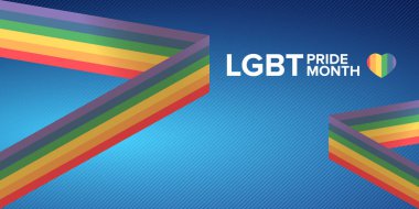 Mavi arka planda izole edilmiş gurur rengi şeritli kurdele bayraklı mutlu bir ay yatay afişi. LGBT Onur Ayı veya gurur günü posteri, broşür, davetiye partisi kartı modern tarz tasarım şablonu.