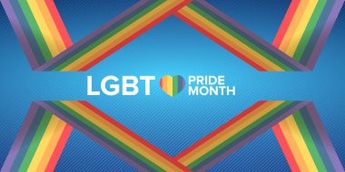 Mavi arka planda izole edilmiş gurur rengi şeritli kurdele bayraklı mutlu bir ay yatay afişi. LGBT Onur Ayı veya gurur günü posteri, broşür, davetiye partisi kartı modern tarz tasarım şablonu.