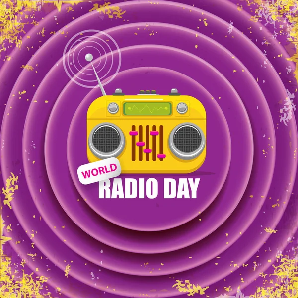 Ilustración vectorial del concepto del día mundial de la radio con el viejo reproductor estéreo de cassette naranja vintage aislado sobre fondo violeta grunge. Banner o cartel del día de radio — Archivo Imágenes Vectoriales