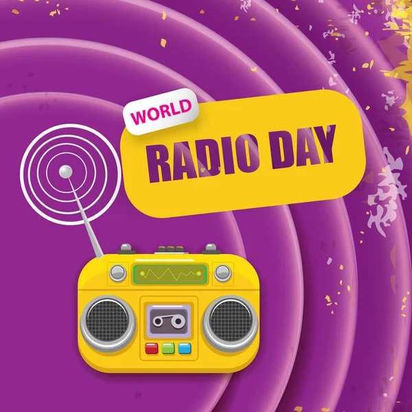 Světový rádiový koncept vektorové ilustrace s vintage staré oranžové kazety stereo přehrávač izolované na grunge fialové pozadí. Radio day banner or poster — Stockový vektor
