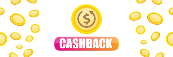 Vektor Cash-Back horizontale Banner-Design-Vorlage mit Cash-Back-Symbol und Münzen auf weißem Hintergrund isoliert. horizontales Banner für Bargeld oder Geld-Rückerstattung — Stockvektor