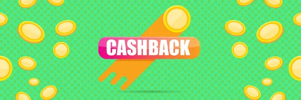 Vektor Cash-Back horizontale Banner-Design-Vorlage mit Cash-Back-Symbol und Münzen isoliert auf mintgrünem Hintergrund. horizontales Banner für Bargeld oder Geld-Rückerstattung — Stockvektor