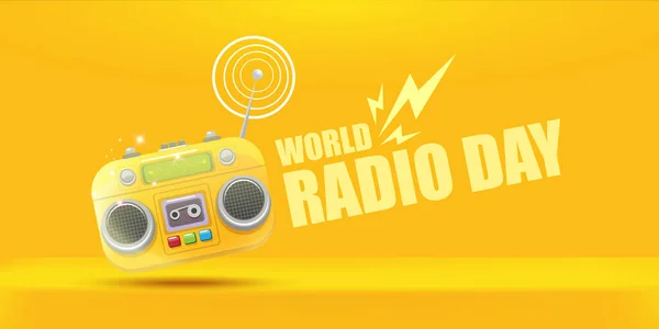 Vector World Radio Day horizontales Banner mit alten Kassetten-Stereoanlage isoliert auf orangefarbenem Podium Hintergrund. Cartoon funky Hipster Radio Tagesbanner, Etikett, Schild, Symbol oder Poster mit Radio — Stockvektor