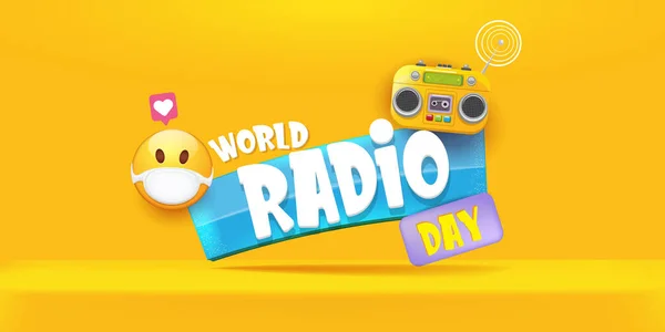 Vector World radio day horizontal banner with old cassette stereo player isolated on orange podium background. Cartoon funky hipster Radio day banner, label, sign, icon or poster with radio — Stock Vector