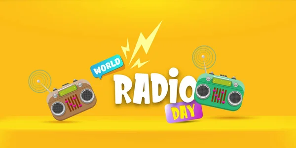 Vodorovný prapor Vector World Radio Day se starým kazetovým stereo přehrávačem izolovaným na oranžovém pozadí pódia. Cartoon funky hipster Radio day banner, label, sign, icon or poster with radio — Stockový vektor