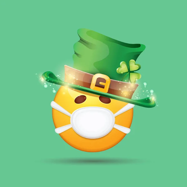 Vector Emoji sticker with mouth medical protection mask and saint Patricks green hat isolated on green background. Yellow st. Patricks smile face character with hat and white surgeon mask. — Stock Vector
