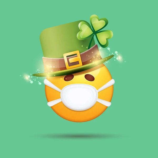 Vector Emoji sticker with mouth medical protection mask and saint Patricks green hat isolated on green background. Yellow st. Patricks smile face character with hat and white surgeon mask. — Stock Vector