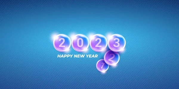 2023 Щасливий новий рік горизонтальний веб-банер фон і вітальна листівка 2023 року, обкладинка з текстом. вектор 2023 новорічна наклейка, етикетка, іконка, логотип та значок ізольовані на стильному синьому сучасному фоні — стоковий вектор
