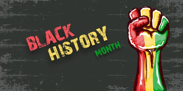Μαύρο history month οριζόντια banner με διαμαρτυρία υψωμένη γροθιά χρωματισμένο στην αφρικανική σημαία που απομονώνονται σε γκρι φόντο. Μαύρο history month οριζόντια αφίσα, flyer με μαύρο mans γροθιά — Διανυσματικό Αρχείο