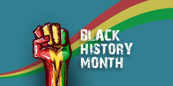 Μαύρο history μήνα οριζόντια πανό με τη διαμαρτυρία υψωμένη γροθιά χρωματισμένο στην αφρικανική σημαία που απομονώνονται στο παρασκήνιο. Μαύρο history month οριζόντια αφίσα, flyer με μαύρο mans γροθιά — Διανυσματικό Αρχείο