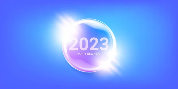 2023 Boldog új évet vízszintes banner háttér és 2023 üdvözlőlap szöveggel. vector 2023 új év matrica, címke, ikon, logó és jelvény elszigetelt téli stílusos kék háttér — Stock Vector