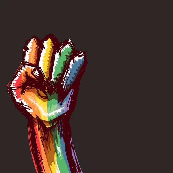 Erhobene LGBT-Faust farbig in lgbt Flagge isoliert auf grauem Hintergrund. lgbt Monat oder Tag Plakatentwurf Vorlage. Kampf um LGBT-Rechte — Stockvektor
