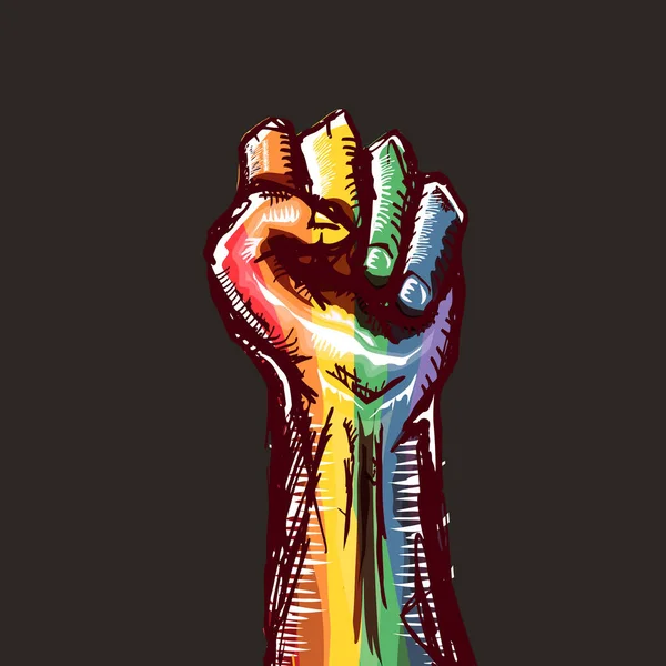 Puño LGBT alzado de color en bandera lgbt aislado sobre fondo gris. plantilla de diseño de póster mes o día lgbt. Lucha por tu concepto de derechos LGBT vector ilustración — Archivo Imágenes Vectoriales