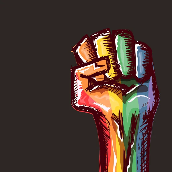 Puño LGBT alzado de color en bandera lgbt aislado sobre fondo gris. plantilla de diseño de póster mes o día lgbt. Lucha por tu concepto de derechos LGBT vector ilustración — Vector de stock