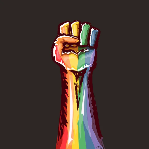 Pugno LGBT rialzato colorato con bandiera lgbt isolata su sfondo grigio. Modello di poster mese o giorno lgbt. Combatti per la tua illustrazione vettoriale dei diritti LGBT — Vettoriale Stock