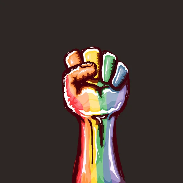 Puño LGBT alzado de color en bandera lgbt aislado sobre fondo gris. plantilla de diseño de póster mes o día lgbt. Lucha por tu concepto de derechos LGBT vector ilustración — Archivo Imágenes Vectoriales