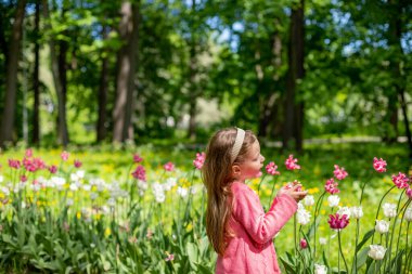 Çok tatlı bir kızın portresi. Parkın çiçek tarlasının etrafında pembe paltolu güzel bir sarışın. Lale tarlalarındaki çiçekleri koklayan güzel bir çocuk. Lale çiçeği tarlasında bir çocuk