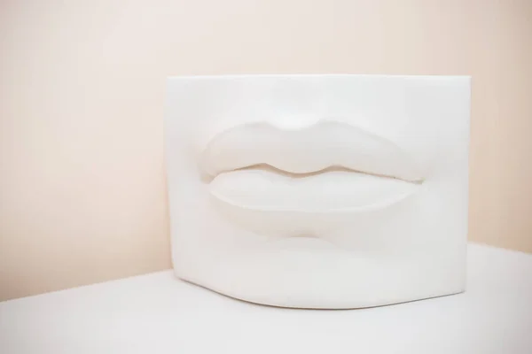 Lips plaster casting in a sculpting studio used for clay modelling workshops by sculptors.White plaster lips on pastel background. cosmetologist,permanent makeup, lip augmentation — Fotografia de Stock
