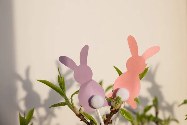 Composizione pasquale con rami di coniglietto .tree con piccole foglie verdi su sfondo sfocato.Concetto interior design per le vacanze primaverili — Foto Stock