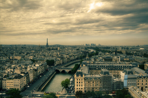 View on Paris from Notre Dame de Paris, HDR with moody sky