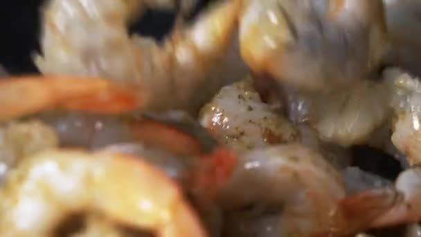 Kochen große Garnelen. Riesengarnelen werden in der Pfanne gebraten — Stockvideo