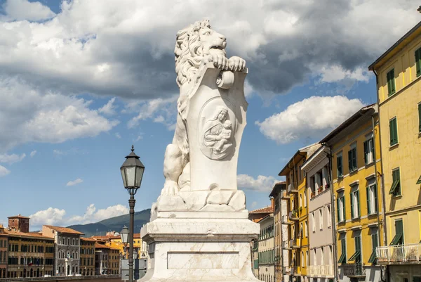 Pisa (Toskonya) - heykel aslan ve renkli evler — Stok fotoğraf