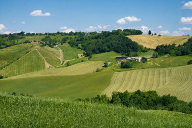İlkbaharda Sala Baganza ve Torrechiara, Parma ili, Emilia-Romagna, İtalya yakınlarındaki kır manzarası