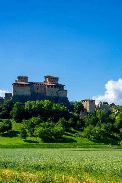 Εξωτερικό Του Μεσαιωνικού Κάστρου Torrechiara Επαρχία Πάρμας Emilia Romagna Ιταλία — Φωτογραφία Αρχείου