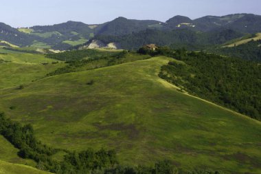 İlkbaharda Bologna, Emilia-Romagna, İtalya yakınlarındaki tepelerde kır manzarası