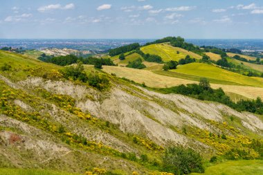 İlkbaharda Sassuolo 'dan Serramazzoni, Modena, Emilia-Romagna, İtalya' ya giden yol boyunca uzanan kır manzarası.