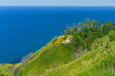 Adriatico kıyıları Gabicce Mare ve Pesaro arasında, Marche, İtalya, baharda