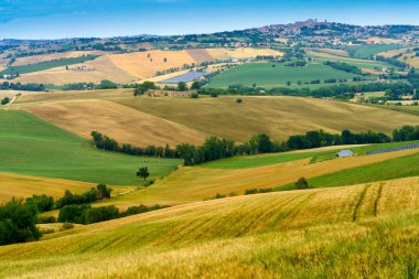 İlkbaharda Cingoli 'den Appignano' ya, Ancona 'ya, Marche, İtalya' ya giden yol boyunca kır manzarası