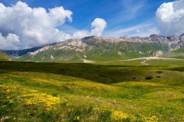 İtalya 'nın Abruzzo kentindeki Gran Sasso Doğal Parkı' ndaki dağ manzarası, baharda (Haziran))