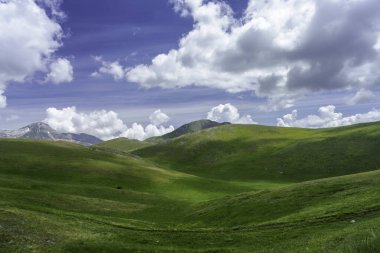 İtalya 'nın Abruzzo kentindeki Gran Sasso Doğal Parkı' ndaki dağ manzarası, baharda (Haziran))