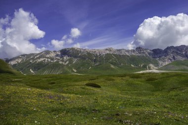 İtalya 'nın Abruzzo kentindeki Gran Sasso Doğal Parkı' ndaki dağ manzarası, baharda (Haziran))