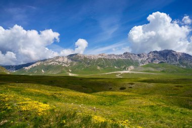 İtalya 'nın Abruzzo kentindeki Gran Sasso Doğal Parkı' ndaki dağ manzarası, baharda (Haziran))