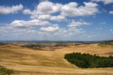 Val d Orcia, Tuscany, İtalya 'da yaz aylarında kırsal alan