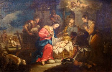 Milan, Lombardiya, İtalya: Santa Maria delle Grazie Kilisesi 'nin içi: Doğum, Costantino Pasqualotto' nun 18. yüzyıl resmi.