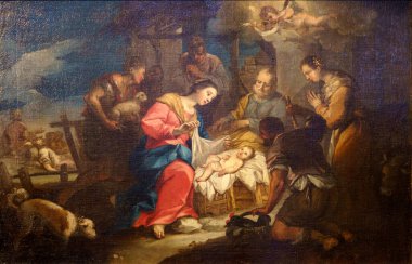 Milan, Lombardy, Italy: interior of the Santa Maria delle Grazie church: Nativity, painting of 18th century by Costantino Pasqualotto. clipart