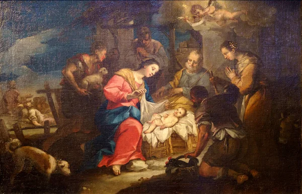 Milan, Lombardiya, İtalya: Santa Maria delle Grazie Kilisesi 'nin içi: Doğum, Costantino Pasqualotto' nun 18. yüzyıl resmi.