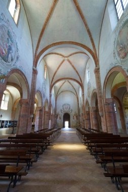 Interior of the medieval church at Abbadia Cerreto, in Lodi province, Lombardy, Italy