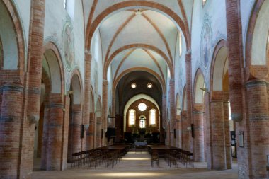 Interior of the medieval church at Abbadia Cerreto, in Lodi province, Lombardy, Italy
