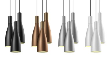 Siyah, pirinç, krom ve beyaz renklerde zarif avize ışıkları vektör kümesi.