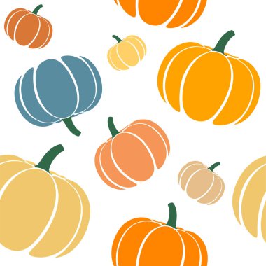 Beyaz arkaplanda izole edilmiş rengarenk kabaklar, pürüzsüz vektör deseni.