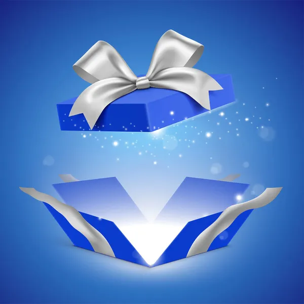 Coffret cadeau bleu déplié avec ruban argenté et lumière scintillante brillante de l'intérieur. Illustration vectorielle cadeau magique. — Image vectorielle