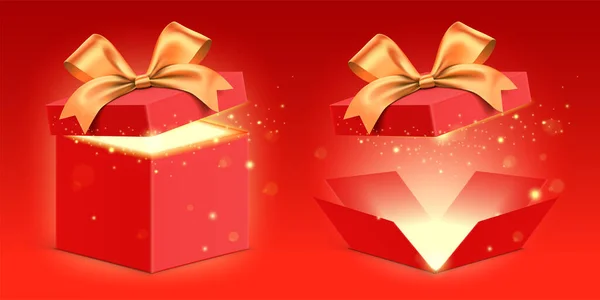 Vector set of open red gift boxes with a golden ribbon and magical glitter light shining from inside. — Stock Vector