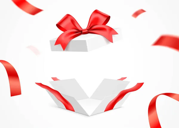 Explodierte weiße Geschenkschachtel mit rotem Band, isoliert auf Hintergrund. — Stockvektor